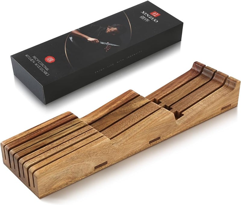 XINZUO In-drawer Knife Block, Natural Acacia Knife Drawer Oganizer, Insert-Kitchen Storage Holder, 7 Slots, Holds up to 7 Various Size Knives, Countertop Saving&Knife Protective - Image 1